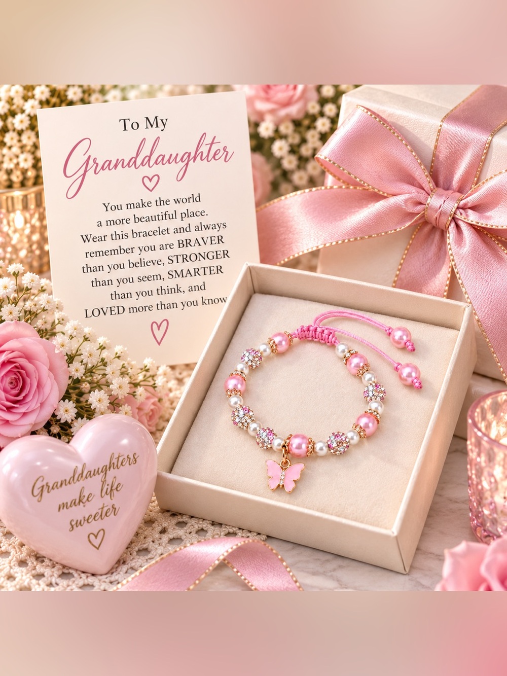 Granddaughter Pink Pearl and Crystal Charm Bracelet - Picture 2 of 3